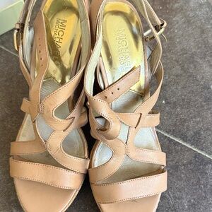 MICHAEL Michael Kors Nude/Tan Leather Strappy Wedge Sandals